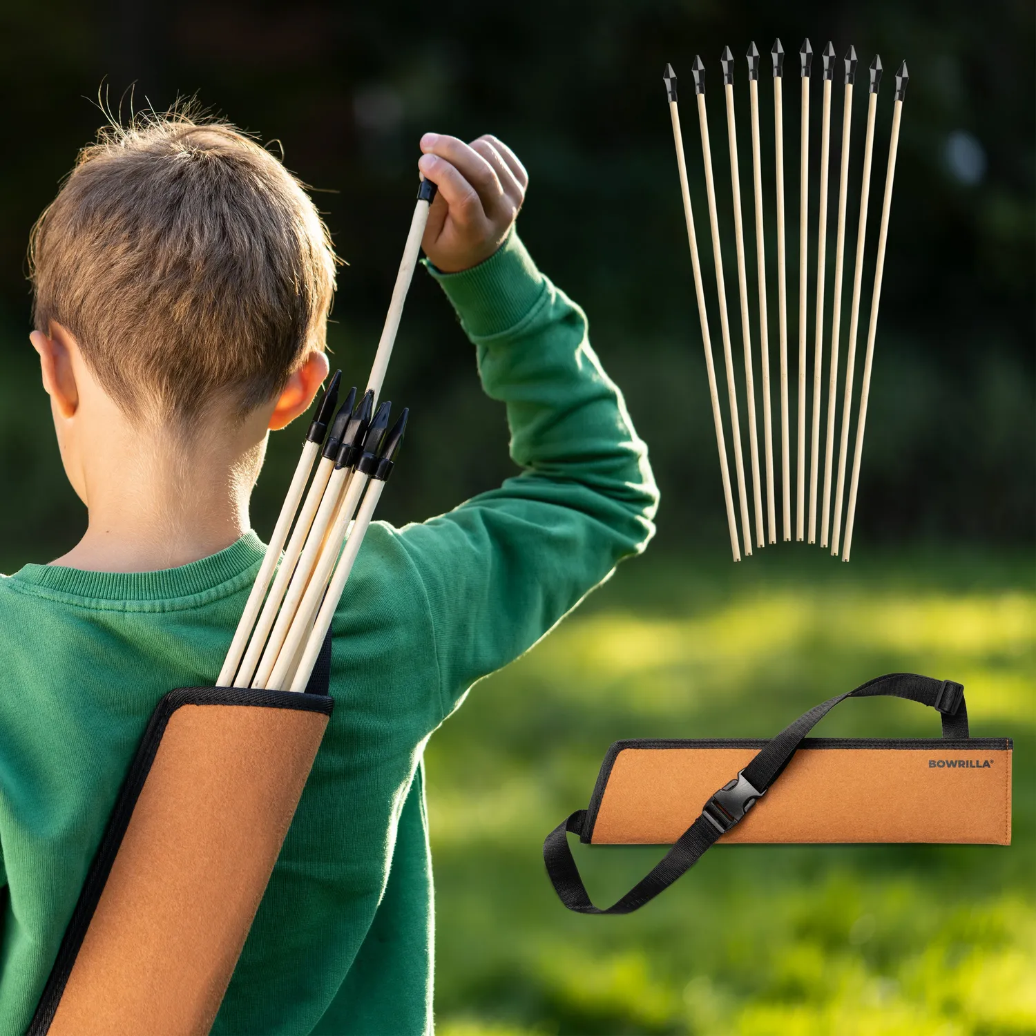 Bowrilla set 10 sageti lemn copii 85cm cu tolba